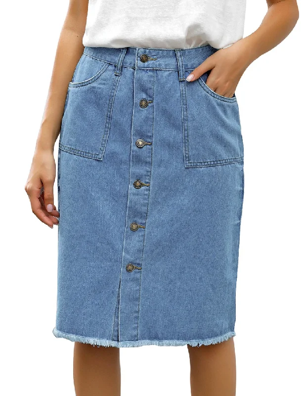 Blue Frayed Hem Button-Down Midi Denim Skirt high slit skirt