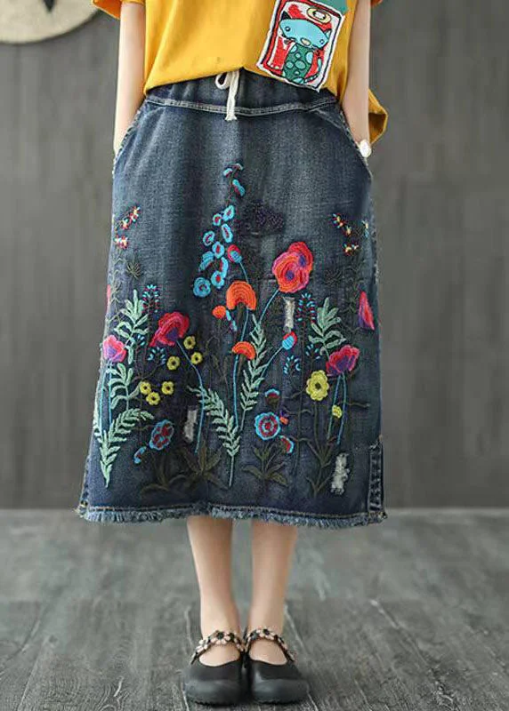 Boho Dark Blue Embroideried Tasseled A Line Summer Skirts Denim linen skirt natural