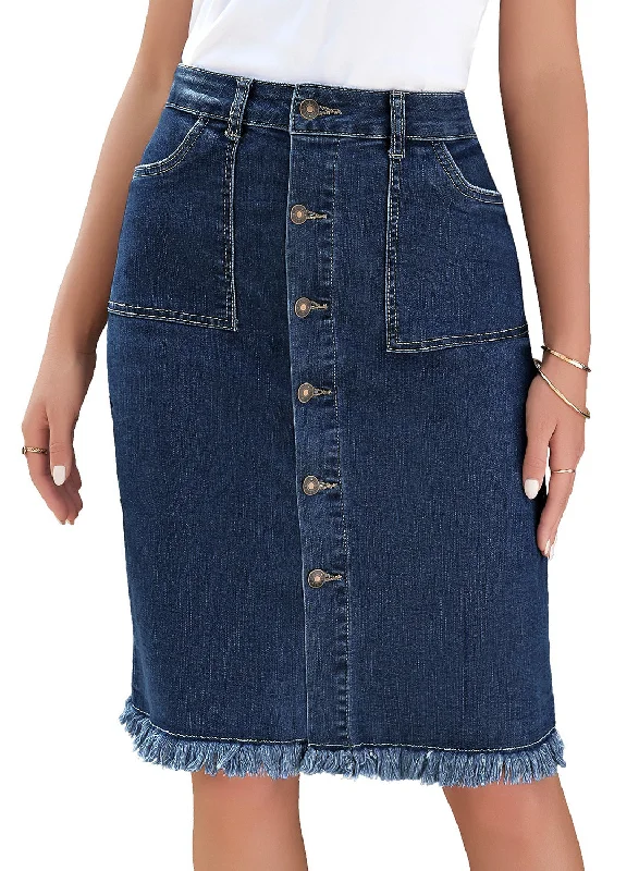 Deep Blue Frayed Hem Button-Down Midi Denim Skirt corduroy skirt cozy