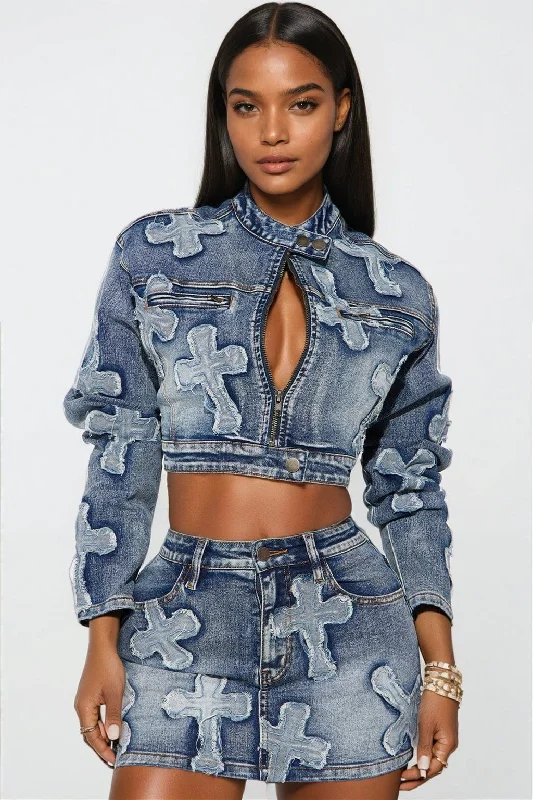 Embroidered Denim Skirt and Cropped Jacket Set high slit skirt