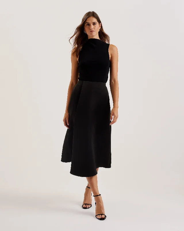 Erva Asymmetric Satin Wrap Midi Skirt Black high waist skirt