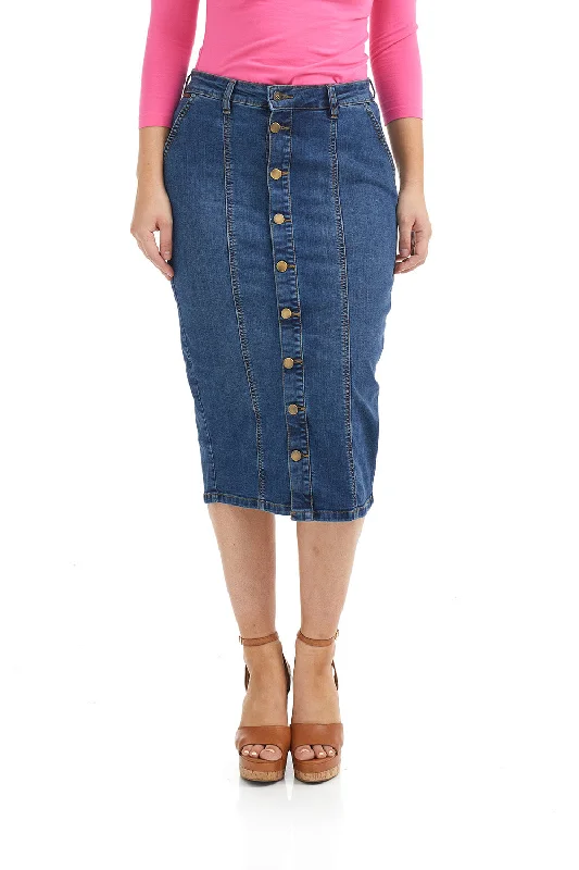 Below knee length midi denim jean skirt 'Seattle' belted skirt waist