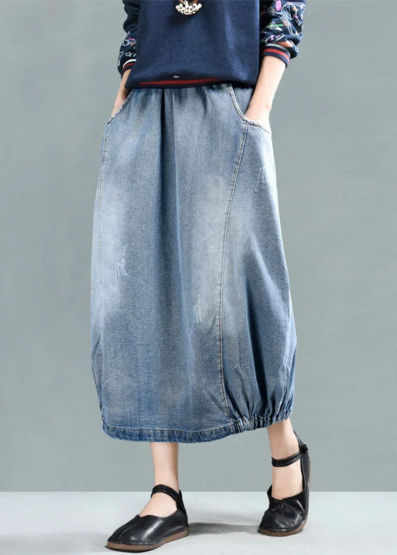 Fashion Light Blue Elastic Waist Pockets Cotton Denim Skirt Summer chiffon skirt floaty