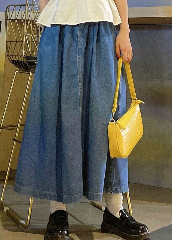 Fitted Blue High Waist Pockets Patchwork A Line Fall Denim Skirts high slit skirt