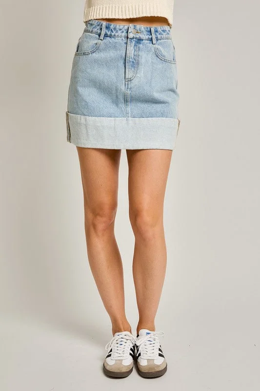 High Waisted Cuffed Denim Mini Skirt flowy skirt hem