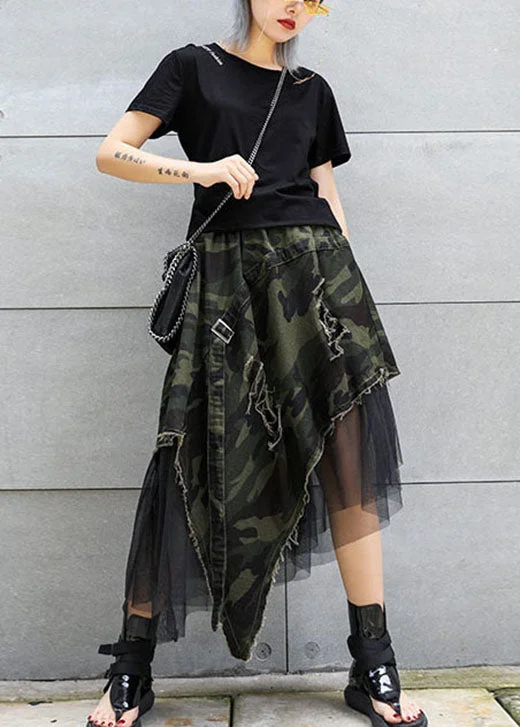 Italian Camouflage High Waist Denim Patchwork Tulle asymmetrical design Fall Skirts modal blend skirt