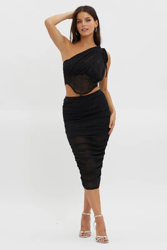 Maddisan Ruched Glitter Mesh Midi Skirt Black cashmere skirt rich