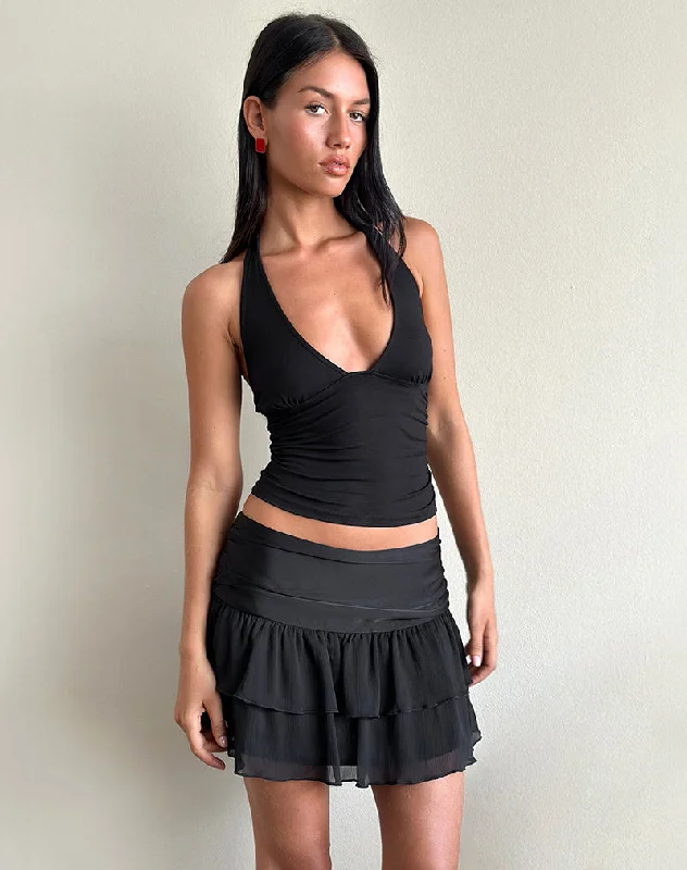 Masama Frill Mini Skirt in Black Satin and Chiffon corduroy skirt textured