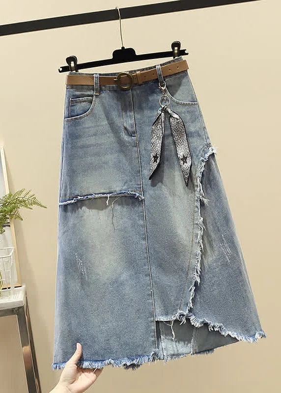 Modern Light Blue High Waist Asymmetrical Sashes Pendant Pockets Cotton Denim Skirt Summer velvet skirt plush