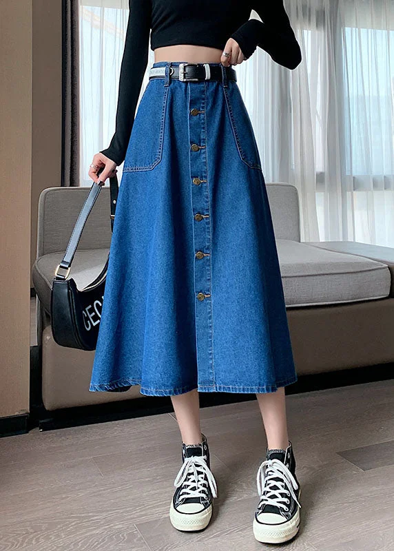 Plus Size Navy Elastic Waist Button Exra Large Hem Cotton Denim Skirt Summer denim skirt casual