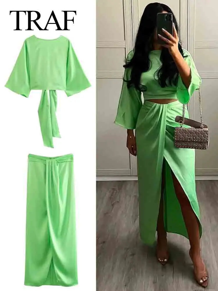 TRAF Women's  2Pcs Green Satin Skirt Sets Butterfly Satin Backless Top+Silk Satin Texture Midi Skirt  Sexy Tops Set silk skirt luxurious