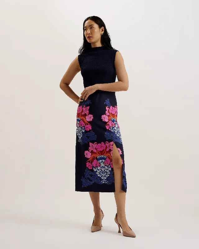 Valais Knitted Bodice Woven Skirt Dk-Blue cashmere skirt fine