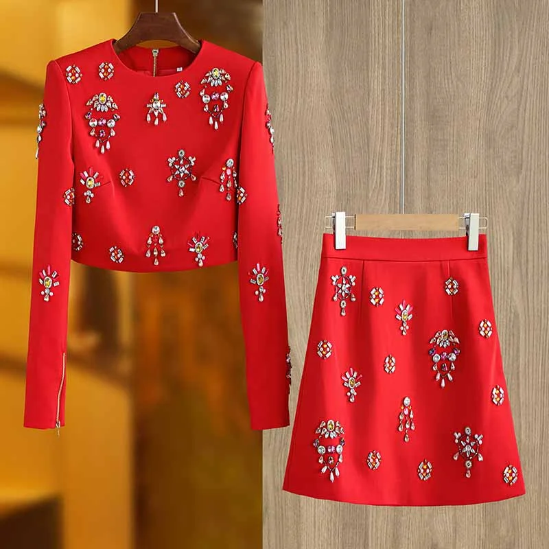 Women Beaded Red Mini Skirt Suit Crstyal Embellished Two Pieces Set casual skirt length