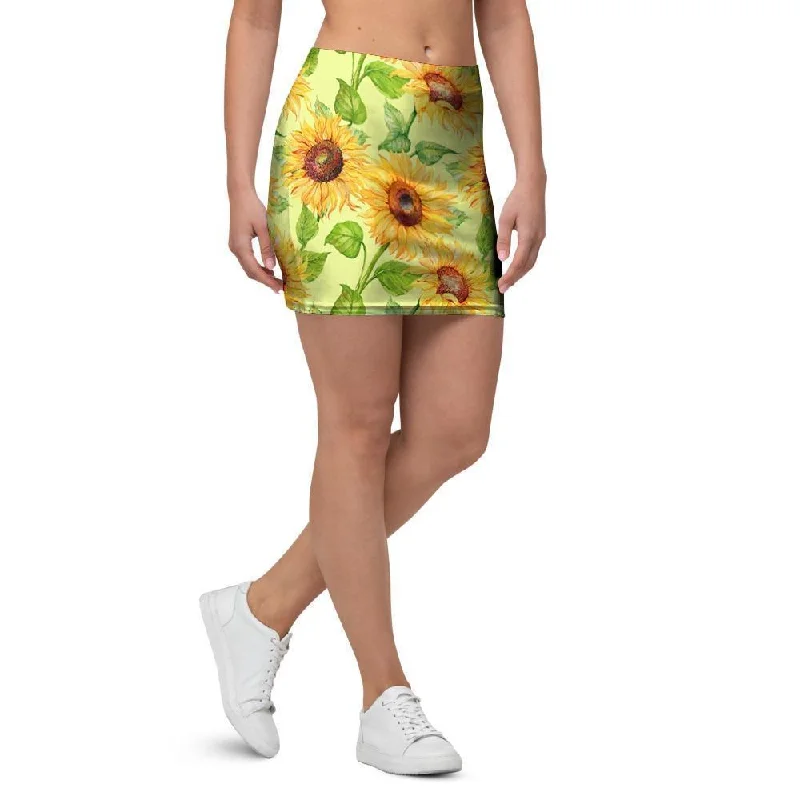 Yellow Sunflower Print Mini Skirt chiffon skirt flowing